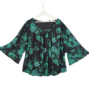 Roz & Ali Romantic Floral‎ Whimsigoth Bell Sleeve Sheer Lined Top Green Women 3X